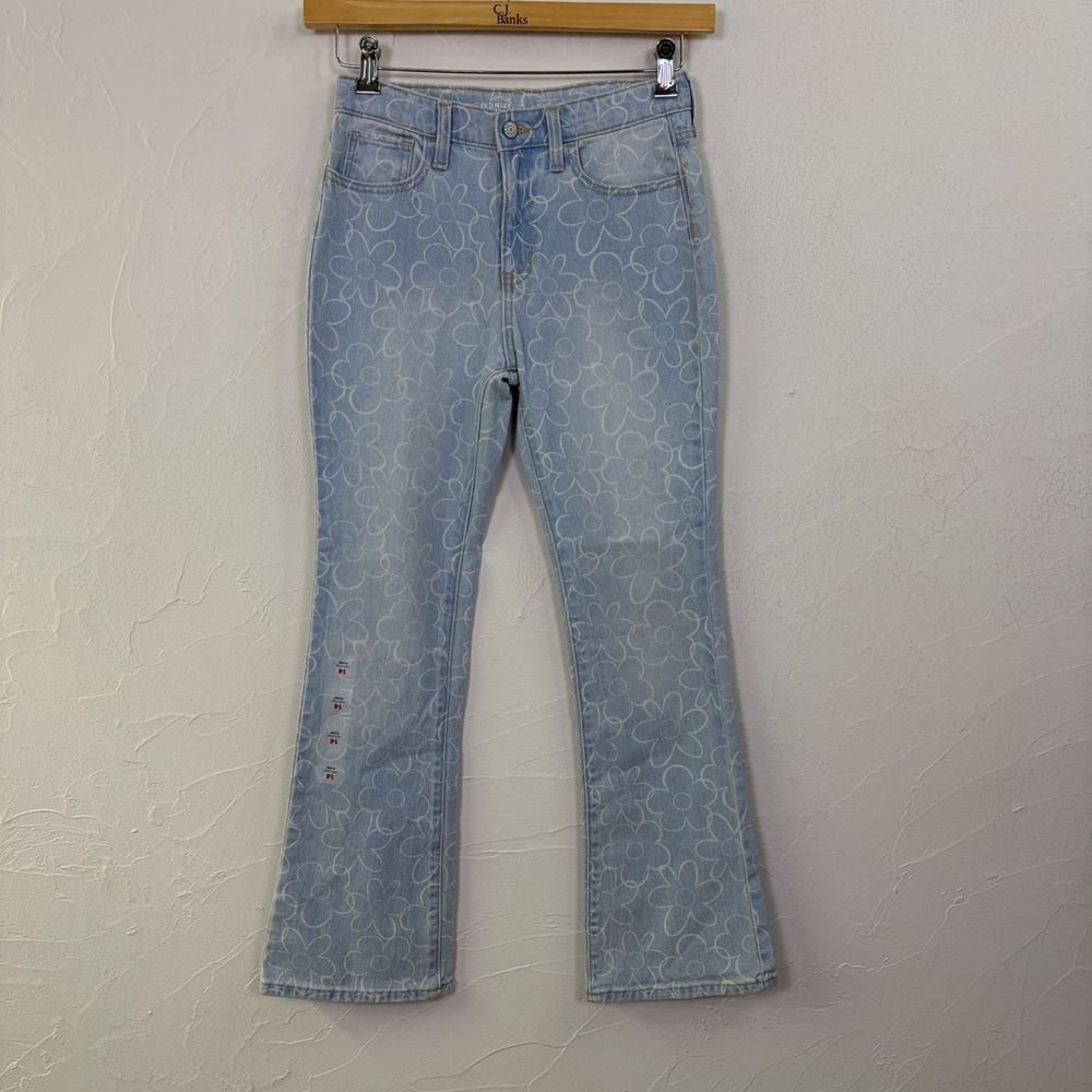 Old Navy Flare Jeans Girls 14 Blue Floral High Rise Adjustable Waist Boho Flower